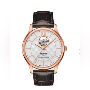 NEW TISSOT TRADITION POWERMATIC 80 OPEN HEART in ROSE GOLD Leather Strap Watch